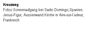 Textfeld: Kreuzweg&nbsp; &nbsp;&nbsp;&nbsp;&nbsp;&nbsp;&nbsp;&nbsp;&nbsp;&nbsp;&nbsp;&nbsp;&nbsp;&nbsp;&nbsp;&nbsp;&nbsp;&nbsp;&nbsp;&nbsp;&nbsp;&nbsp;&nbsp;&nbsp;&nbsp;&nbsp;&nbsp; &nbsp;&nbsp;&nbsp;&nbsp;&nbsp;&nbsp;&nbsp;&nbsp;&nbsp;&nbsp;&nbsp;&nbsp;&nbsp;&nbsp;&nbsp;&nbsp;&nbsp;&nbsp;&nbsp;&nbsp;&nbsp;&nbsp;&nbsp; Fotos:Sonnenaufgang bei Santo Domingo,Spanien. Jesus-Figur, Aussenwand Kirche in Aire-sur-l�adeur, Frankreich 
&nbsp;
